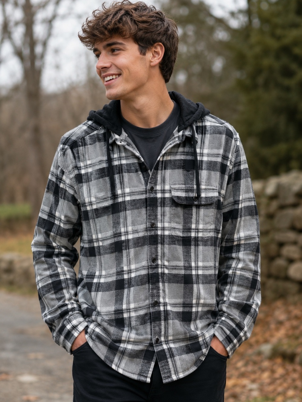 American Eagle Super Soft Hooded Flannel Shirt Large Gray Black Plaid Button Up